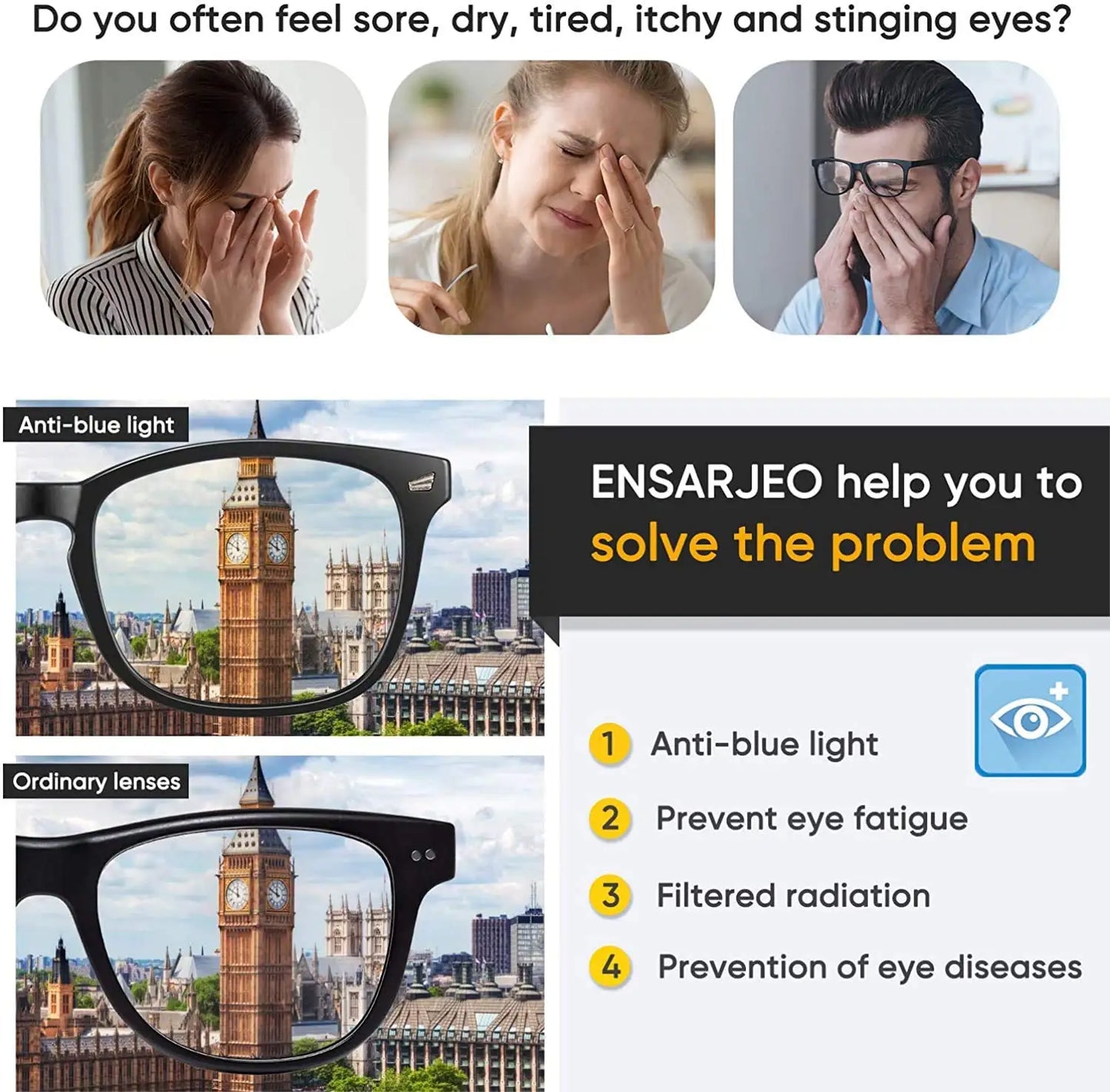 Advertisement for ENSARJEO glasses showing people with eye strain and product features.