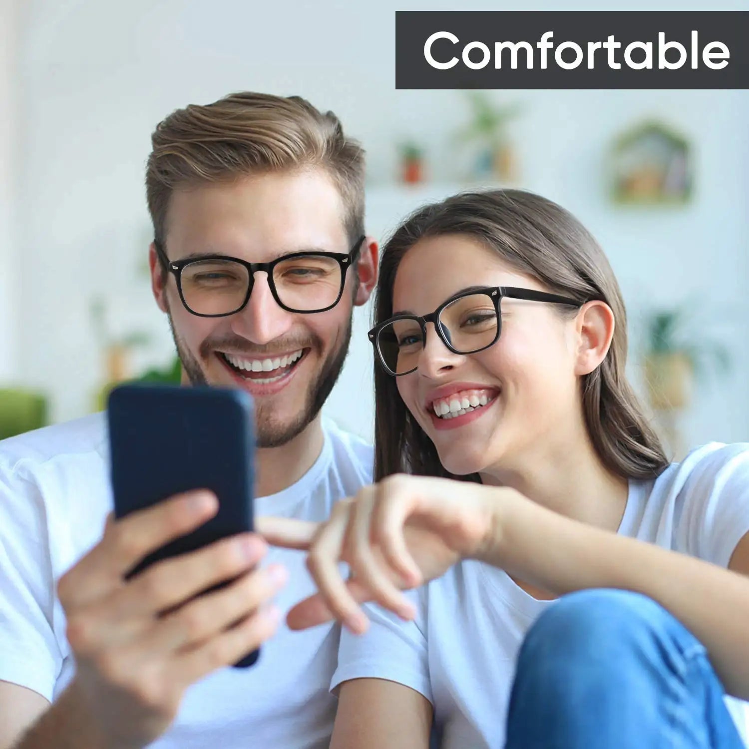 Two people wearing glasses and smiling while looking at a phone, with the word 'Comfortable' displayed.